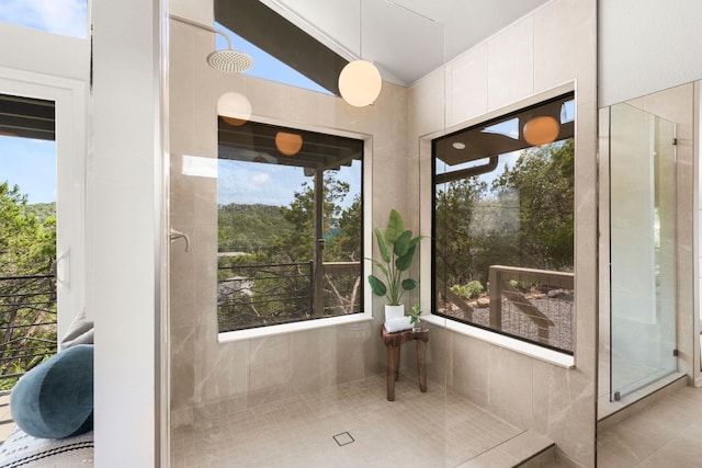 701 Terrace Mountain Dr, West Lake Hills, TX 78746 - bathroom featuring plenty of natural light, a walk in shower, lofted ceiling, and tile patterned flooring