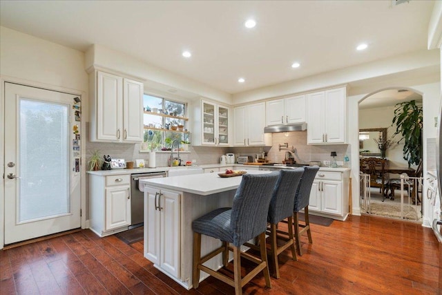 kitchen featuring stainless steel dishwasher, under cabinet range hood, a kitchen breakfast bar, arched walkways, and white cabinetry