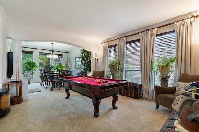game room with crown molding, light carpet, billiards, and arched walkways