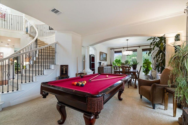 rec room featuring decorative columns, arched walkways, carpet, billiards table, and ornamental molding
