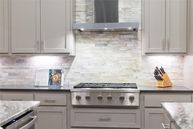 4644 Arques Ave, Round Rock, TX 78681 - kitchen featuring wall chimney exhaust hood, stainless steel gas stovetop, backsplash, and light stone countertops