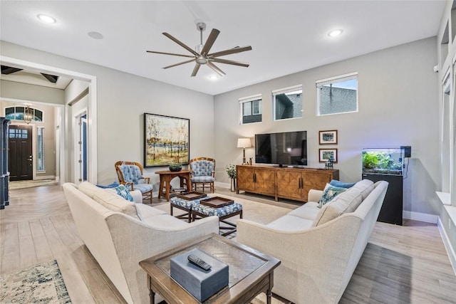 4644 Arques Ave, Round Rock, TX 78681 - living area with ceiling fan, light wood-type flooring, and recessed lighting
