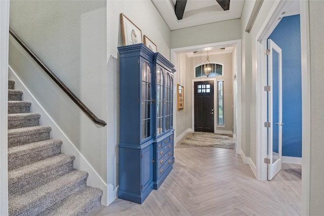 4644 Arques Ave, Round Rock, TX 78681 - foyer entrance featuring stairs and a chandelier