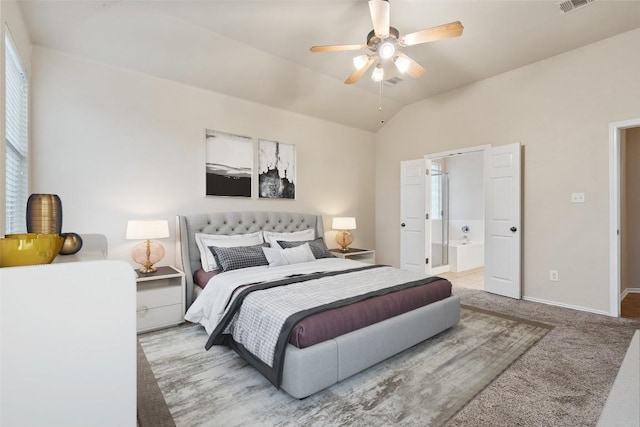 36 White Magnolia Cir, Austin, TX 78734 - bedroom featuring lofted ceiling, carpet floors, ensuite bath, and ceiling fan