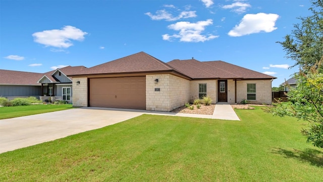 208 Rachel Loop, Burnet, TX 78611 - view of front of home featuring a garage, concrete driveway, a front yard, stone siding, and a shingled roof