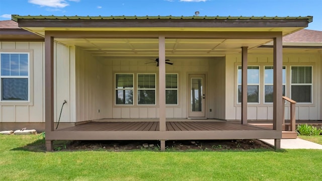 208 Rachel Loop, Burnet, TX 78611 - back of house with a yard, a wooden deck, and a ceiling fan