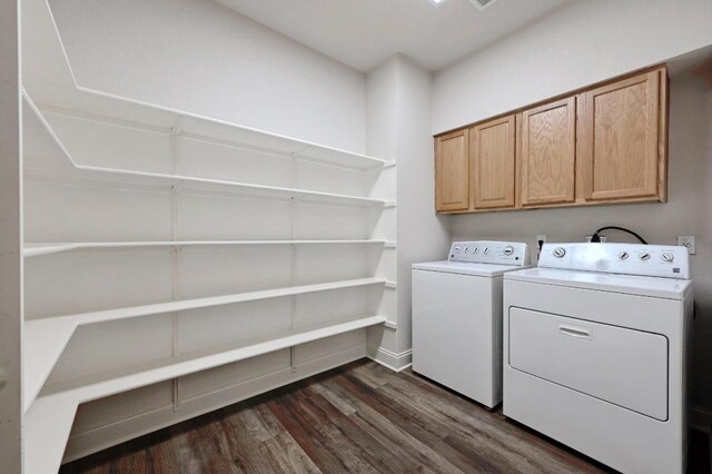 10421 Beard Ave, Austin, TX 78748 - laundry area featuring dark wood-type flooring, washer and clothes dryer, and cabinet space