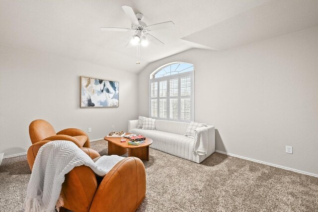 10421 Beard Ave, Austin, TX 78748 - living room with carpet flooring, a ceiling fan, and vaulted ceiling