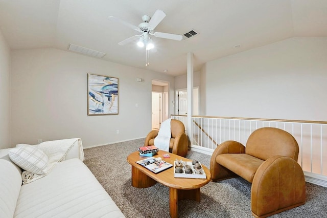 10421 Beard Ave, Austin, TX 78748 - living room with lofted ceiling, carpet, and ceiling fan