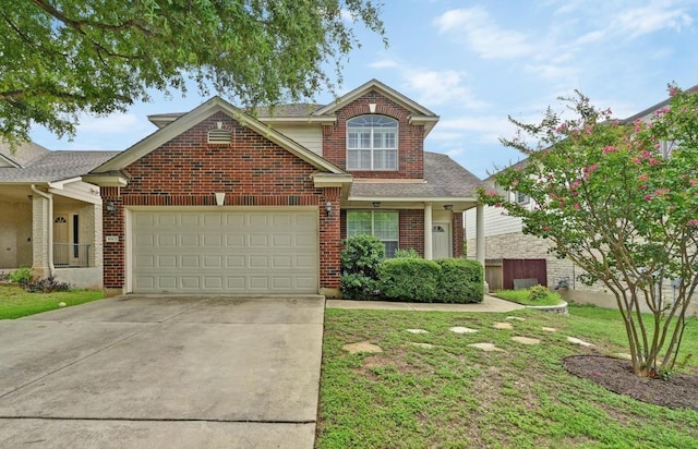 10421 Beard Ave, Austin, TX 78748 - traditional-style home with concrete driveway, a garage, brick siding, and a front yard