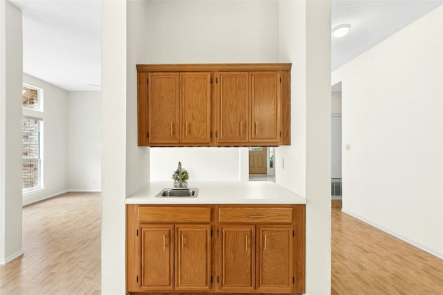 1212 Dove Cir, Cedar Park, TX 78613 - kitchen featuring light countertops, light wood-style flooring, and brown cabinetry