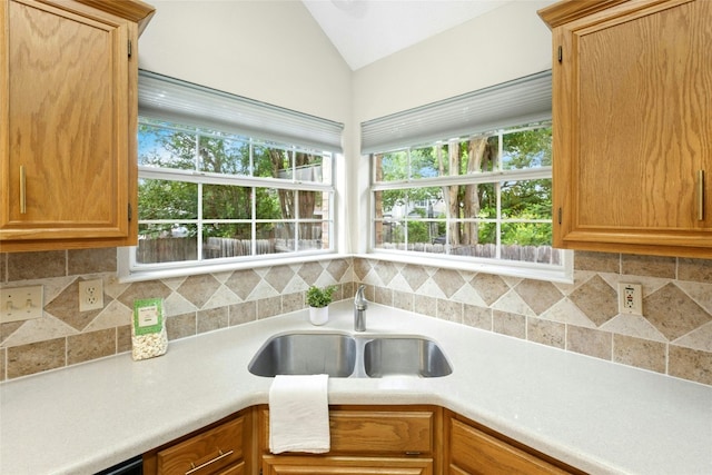 1212 Dove Cir, Cedar Park, TX 78613 - kitchen with light countertops, backsplash, plenty of natural light, and lofted ceiling