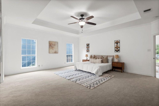 1109 Sherrill Ln, Lexington, TX 78947 - bedroom with a tray ceiling, carpet floors, multiple windows, and ornamental molding
