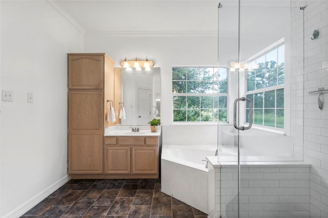 1109 Sherrill Ln, Lexington, TX 78947 - full bathroom with vanity, a bath, a shower stall, crown molding, and stone finish flooring