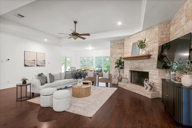 1109 Sherrill Ln, Lexington, TX 78947 - living room with dark wood-style floors, a tray ceiling, ceiling fan, a fireplace, and crown molding