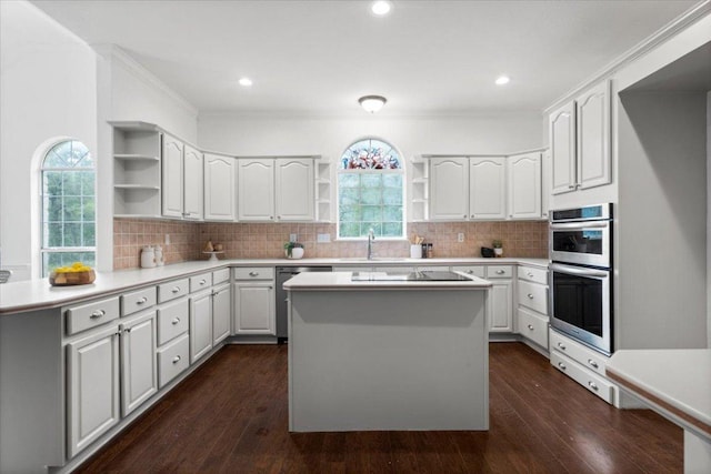 1109 Sherrill Ln, Lexington, TX 78947 - kitchen featuring open shelves, white cabinets, healthy amount of natural light, stainless steel appliances, and crown molding