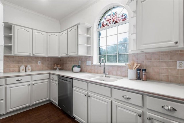 1109 Sherrill Ln, Lexington, TX 78947 - kitchen with open shelves, dishwasher, ornamental molding, white cabinets, and dark wood-style floors