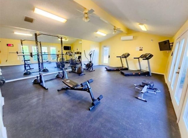 10616 Mellow Meadows Dr Unit 21C, Austin, TX 78750 - exercise room with a wall unit AC, french doors, and a ceiling fan