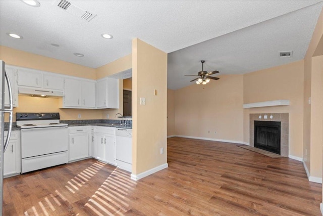 10616 Mellow Meadows Dr Unit 21C, Austin, TX 78750 - kitchen with white appliances, under cabinet range hood, ceiling fan, wood finished floors, and recessed lighting