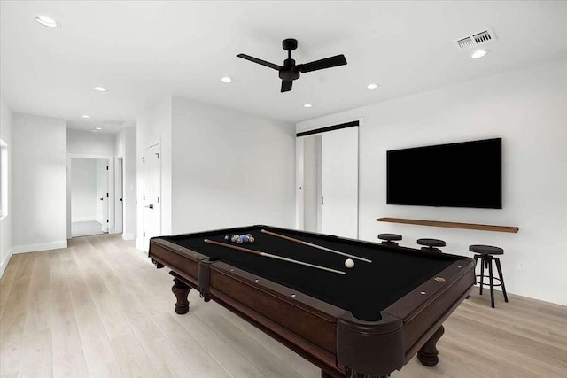512 Cowal Dr S, Spicewood, TX 78669 - game room with billiards table, light wood-style flooring, ceiling fan, and recessed lighting