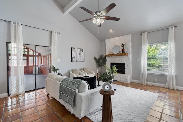 1707 Creek Bend Cir, Round Rock, TX 78681 - tiled living area featuring ceiling fan, beam ceiling, high vaulted ceiling, and a fireplace