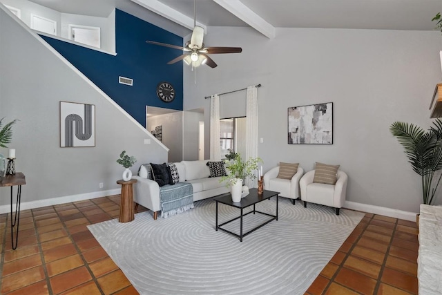 1707 Creek Bend Cir, Round Rock, TX 78681 - living room with beam ceiling, tile patterned floors, ceiling fan, and high vaulted ceiling