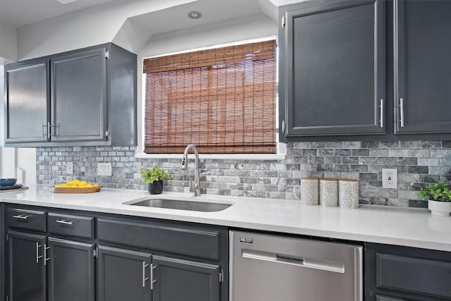 1707 Creek Bend Cir, Round Rock, TX 78681 - kitchen featuring stainless steel dishwasher, light countertops, tasteful backsplash, and gray cabinetry