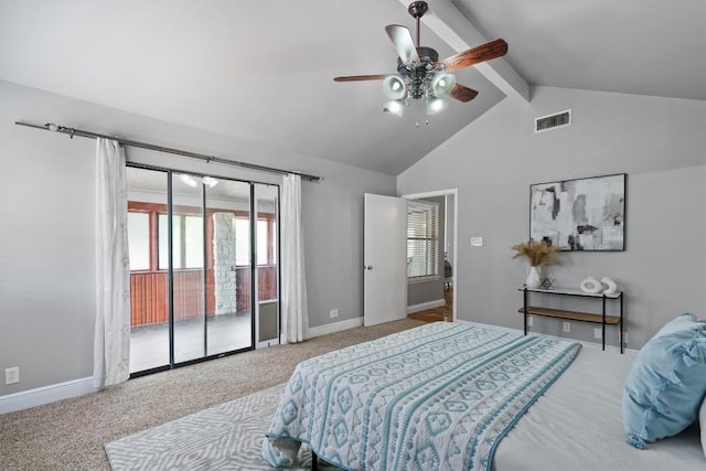 1707 Creek Bend Cir, Round Rock, TX 78681 - carpeted bedroom featuring access to outside, beamed ceiling, a ceiling fan, and high vaulted ceiling