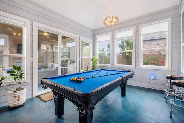 6708 Leonardo Dr, Round Rock, TX 78665 - playroom with finished concrete floors, vaulted ceiling, and pool table