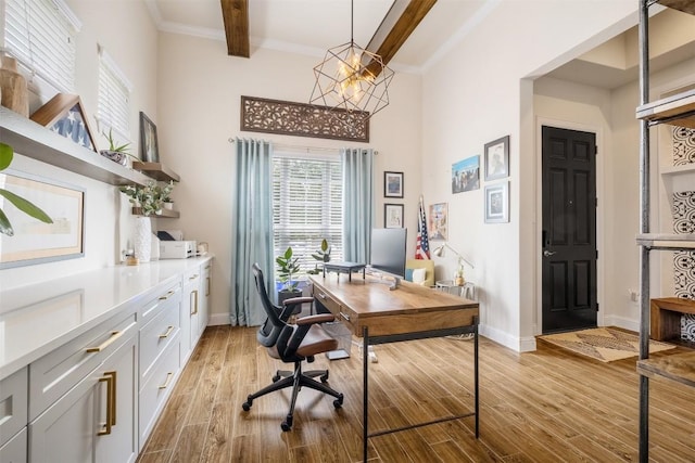 6708 Leonardo Dr, Round Rock, TX 78665 - office area featuring a high ceiling, beamed ceiling, light wood-style floors, and a chandelier