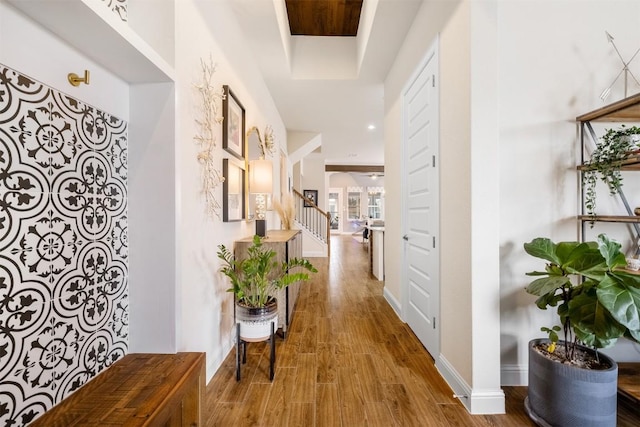 6708 Leonardo Dr, Round Rock, TX 78665 - corridor featuring wood finished floors and stairway