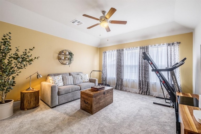 6708 Leonardo Dr, Round Rock, TX 78665 - carpeted living area with a ceiling fan and vaulted ceiling