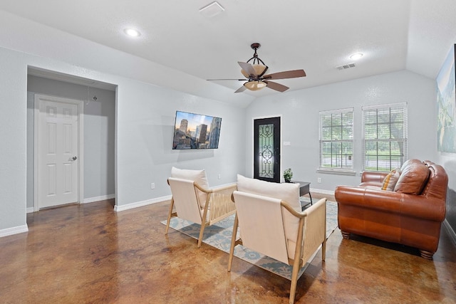 5700 Jain Ln, Austin, TX 78721 - living room with finished concrete flooring, lofted ceiling, ceiling fan, and recessed lighting