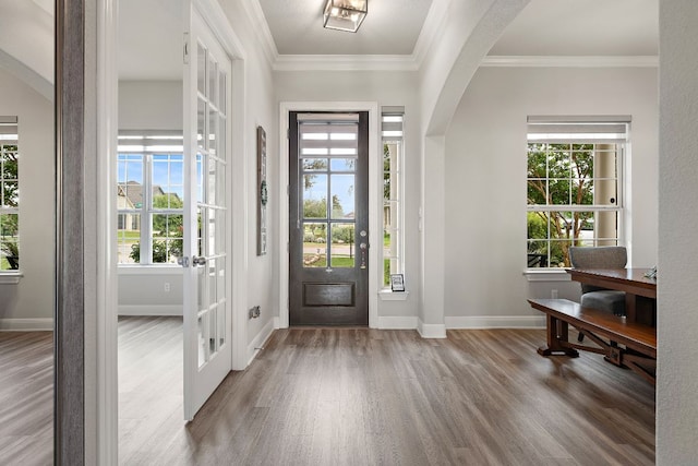 1304 Positano Pass, Leander, TX 78641 - foyer with wood finished floors, french doors, plenty of natural light, arched walkways, and crown molding