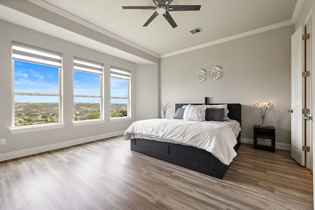 1304 Positano Pass, Leander, TX 78641 - bedroom with wood finished floors, ornamental molding, and ceiling fan