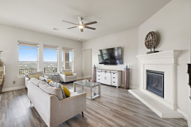 1304 Positano Pass, Leander, TX 78641 - living area featuring wood finished floors, ceiling fan, and a glass covered fireplace