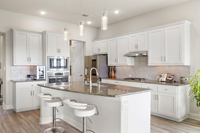 1304 Positano Pass, Leander, TX 78641 - kitchen with stainless steel appliances, under cabinet range hood, light wood-style floors, backsplash, and white cabinets