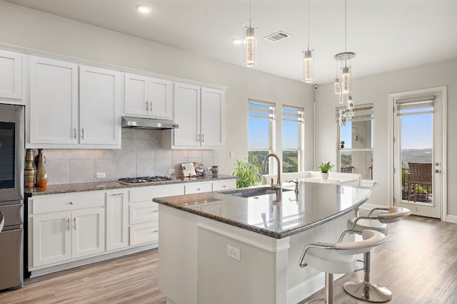 1304 Positano Pass, Leander, TX 78641 - kitchen with under cabinet range hood, light wood finished floors, dark stone counters, decorative backsplash, and recessed lighting