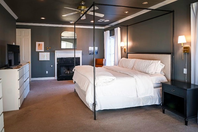 4119 Hidden Canyon Cv, Austin, TX 78746 - carpeted bedroom with ornamental molding, a premium fireplace, and recessed lighting