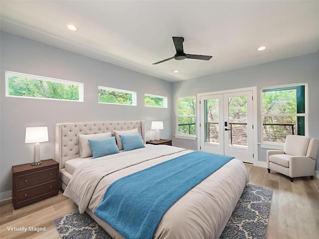 3013 Clark Ave, Lago Vista, TX 78645 - bedroom with access to exterior, multiple windows, french doors, light wood-type flooring, and recessed lighting