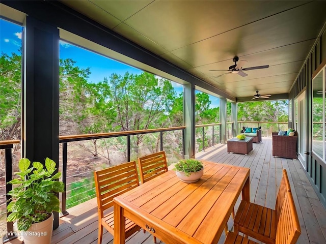 3013 Clark Ave, Lago Vista, TX 78645 - deck with an outdoor hangout area, ceiling fan, and outdoor dining space
