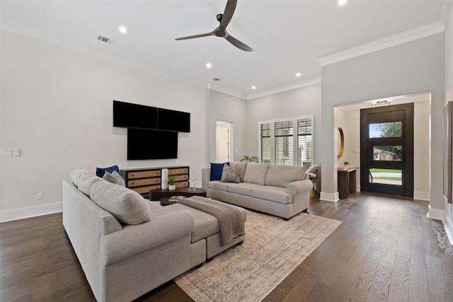 209 Ringtail Stream Dr, Lakeway, TX 78738 - living room featuring ceiling fan, ornamental molding, recessed lighting, and dark wood-style flooring