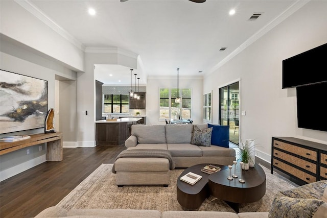 209 Ringtail Stream Dr, Lakeway, TX 78738 - living room featuring dark wood-style flooring, ornamental molding, and recessed lighting