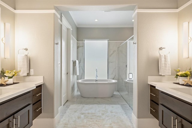 209 Ringtail Stream Dr, Lakeway, TX 78738 - full bath with two vanities, a stall shower, a freestanding bath, ornamental molding, and marble finish floors
