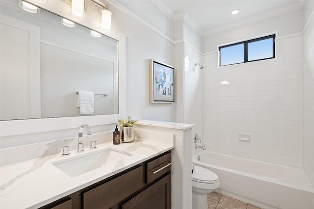209 Ringtail Stream Dr, Lakeway, TX 78738 - full bathroom with vanity, shower / bath combination, crown molding, and tile patterned flooring