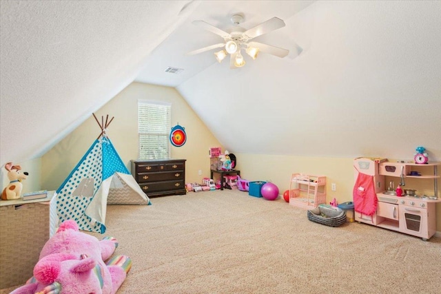 2802 Amber Forest Trl, Belton, TX 76513 - game room with carpet flooring, vaulted ceiling, and a ceiling fan