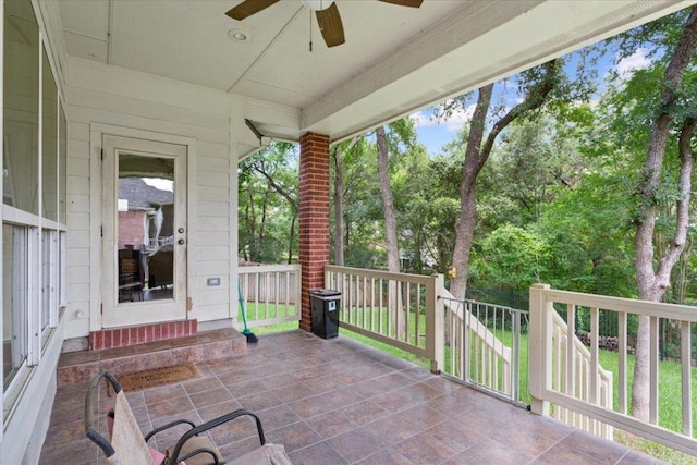 2802 Amber Forest Trl, Belton, TX 76513 - view of patio featuring ceiling fan, entry steps, and view of wooded area