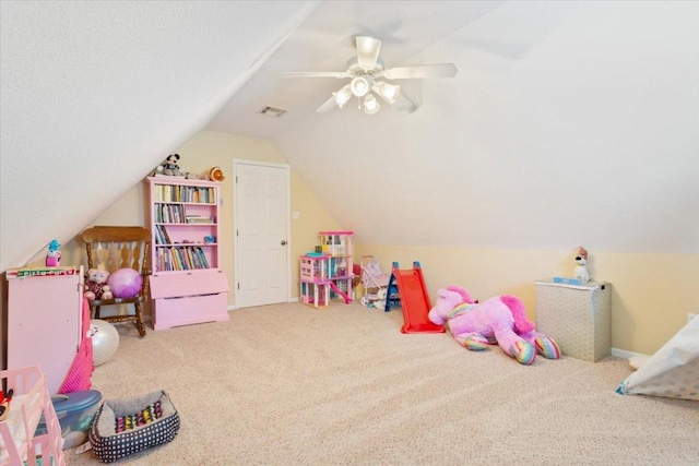 2802 Amber Forest Trl, Belton, TX 76513 - playroom with carpet flooring, vaulted ceiling, and ceiling fan