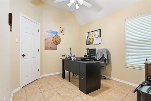 2802 Amber Forest Trl, Belton, TX 76513 - office featuring ceiling fan, lofted ceiling, and light tile patterned floors