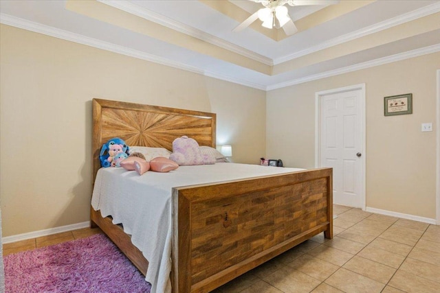 2802 Amber Forest Trl, Belton, TX 76513 - bedroom with light tile patterned flooring, a tray ceiling, crown molding, and ceiling fan